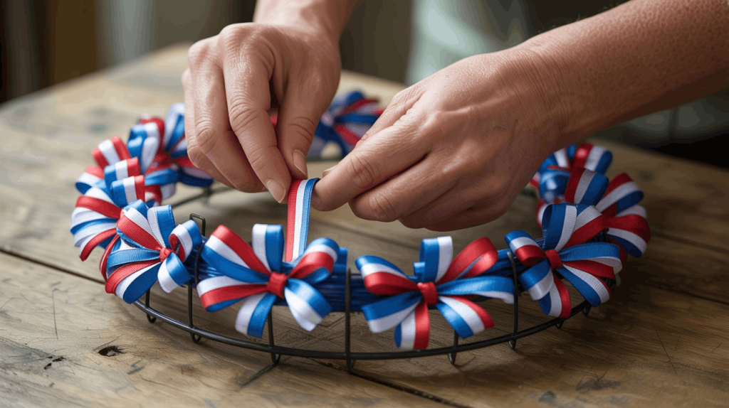 Beginner-friendly red, white, and blue pull-bow ribbon wreath in process on wire frame.