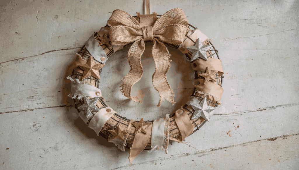 Budget-friendly wreath from Dollar Tree, featuring ribbon, stars, and simple frame.