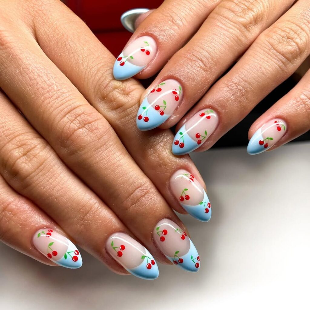 Cherry and Blue Tip Nails
