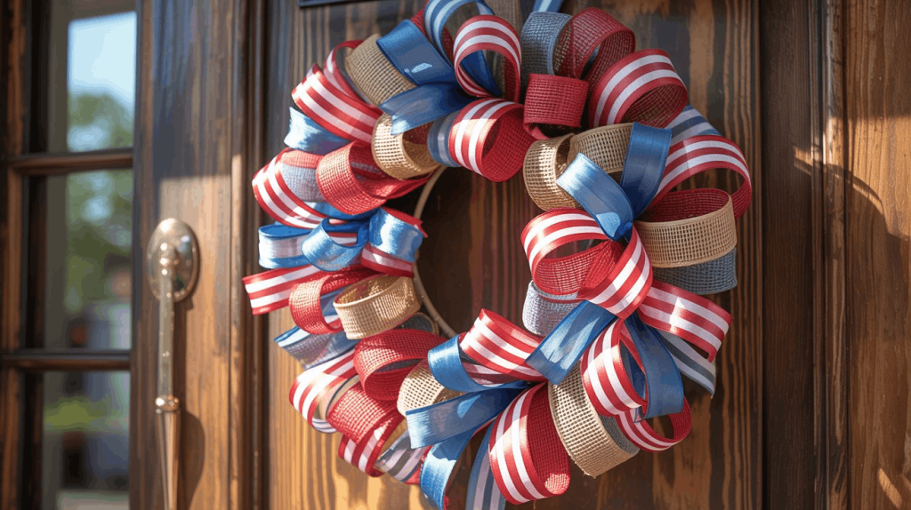 Close-up of a handcrafted red, white, and blue ribbon wreath on a wooden front door