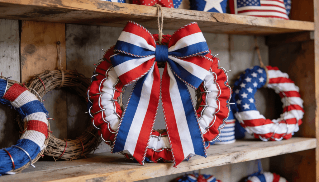 Collection of Memorial Day wreaths for sale, displayed on shelves in a retail setting.