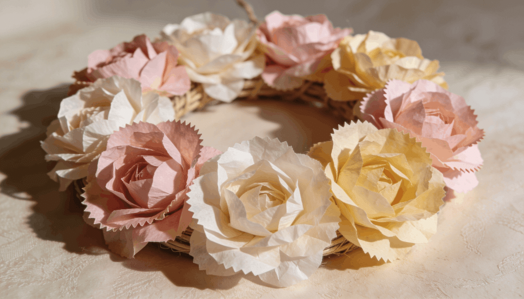 DIY paper flower wreath made from tissue and coffee filters for Memorial Day decor.