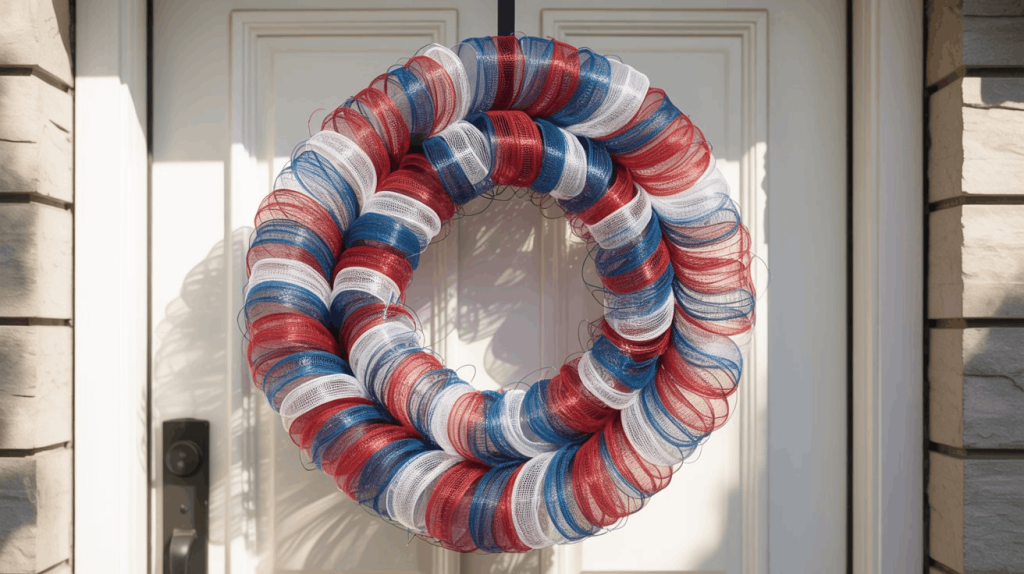 Full, voluminous deco mesh wreath in red, white, and blue on a bright white door.