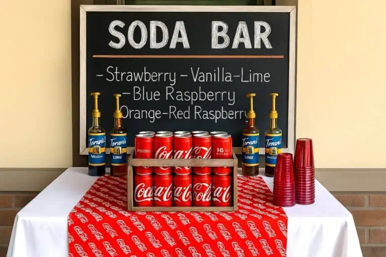 Outdoor boys&rsquo; graduation party soda bar with Coca-Cola crate, chalkboard sign, red cups, and classic drink syrups &ndash; fun and budget-friendly DIY party idea for High School, and College Grad guys.