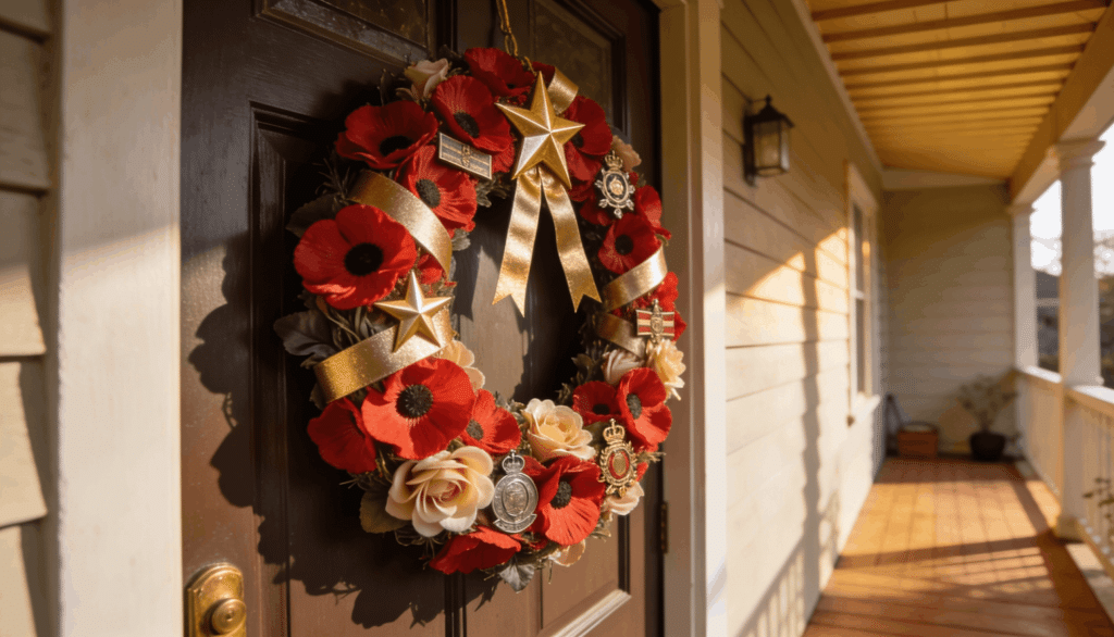 Handcrafted red poppy wreath on a grapevine base symbolizing Memorial Day remembrance.