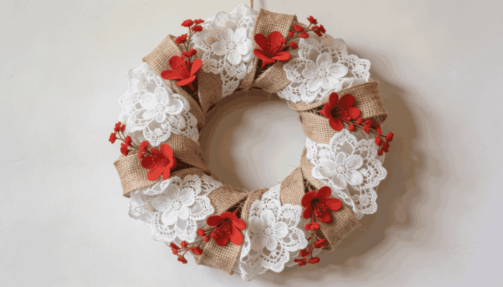 Handmade burlap and lace wreath with floral accents for Memorial Day on a light door.
