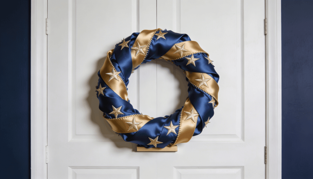 Minimalistic wreath with blue and gold star ribbons, honoring active and fallen soldiers
