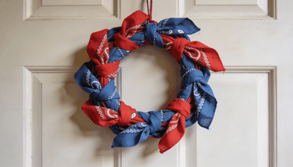 Red and blue bandana wreath tied around a wire frame on a neutral door for Memorial Day.